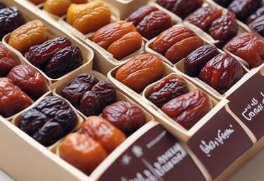 A close-up of various types of dates arranged on a wooden platter.