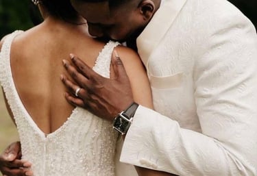 a bride and groom embracing each other in a field
