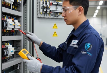 Engineer performing switchgear maintenance and voltage testing on LT & HT panels by VoltEdge Solutions