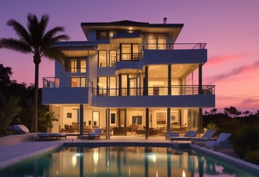 Beautiful luxury modern California home at twilight with a pool and palm trees