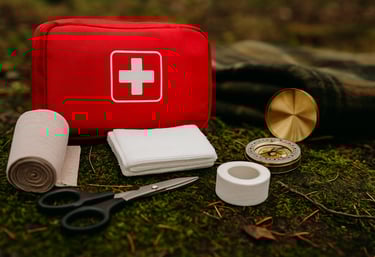 Wilderness first aid kit with medical supplies on forest floor, showing essential gear for outdoor emergencies