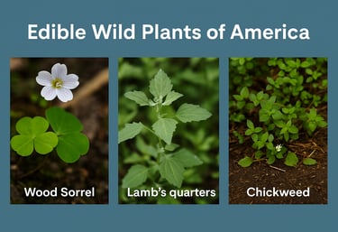 Edible wild plants chart with wood sorrel lambs quarters and chickweed for safe foraging in North America