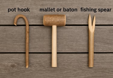 Hand-carved wooden pot hook Mallet baton and fishing spear for primitive wilderness tools