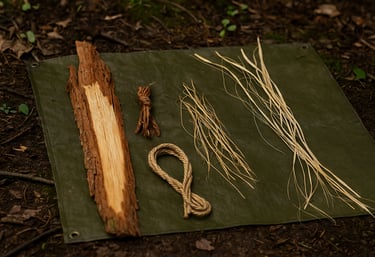 Survival cordage materials laid out from bark grass and plant fibers for bushcraft