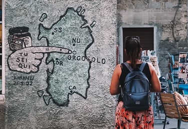 Mural with map of Sardinia in Orgosolo, Barbagia village famous for its murals.