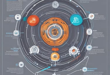 A wall display in a public service area with digital service sections. It features a large image of a smiling woman with glasses in the center, surrounded by digital screens and icons representing different electronic services. There are two orange kiosks with touch screens for self-service on the right side.