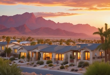 A modern, single-story house with a flat roof is situated in a desert landscape. The house has a large glass garage door and several windows. The exterior of the house is a mix of white and dark blue colors. There are a few palm trees near the house, and the background consists of rugged desert mountains.
