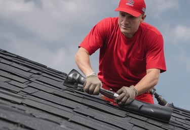 A person wearing a wide-brimmed straw hat is working on repairing or inspecting a roof made up of traditional grey tiles. The roof tiles are arranged in an overlapping pattern and show various shades of grey, with patches of moss or discoloration.