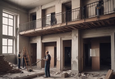 The image depicts an unfinished interior space with exposed brick walls and a concrete floor. Construction materials such as wooden boards, buckets, and other building supplies are scattered around the room. There is a partially opened doorway leading to another room, highlighting the ongoing renovation process.