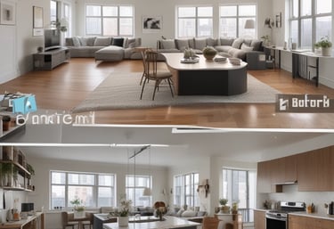 A large advertisement painted on the side of a building promotes painting your property regularly to save money, showing a rustic house silhouette. To the left, a construction site with a demolition crane indicates possible urban development. Shipping containers and a rooftop are visible, suggesting an industrial area.