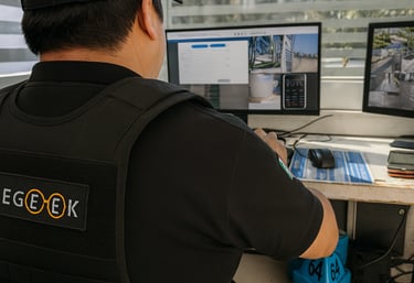 Guardia de seguridad privada en exteriores de edificio corporativo - Whosin Segeek