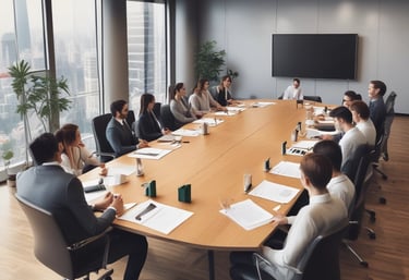 A group of people is engaged in a meeting around a conference table, with laptops open in front of them. They appear attentive and focused, with a modern office interior and large windows in the background.