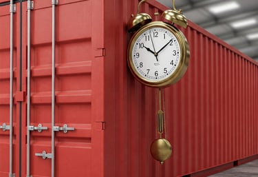 "Shipping container being delivered on schedule, representing timely export services."