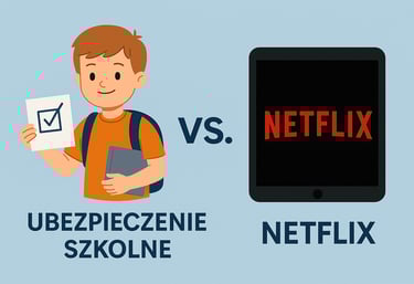 Porównanie ubezpieczenia szkolnego i Netflixa – chłopiec z dokumentem kontra tablet z logo Netflix,