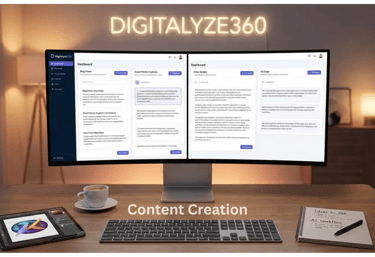 a computer monitor screen with a desktop computer and a tablet for content creation