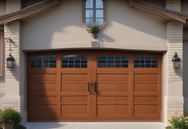 A decorative garage door with horizontal stripes in a variety of bright colors. Above the door is a sign with blue letters reading 'Humber'. The building facade is light-colored and the ground is paved.