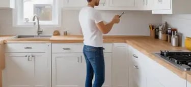 Man measuring a modern white kitchen with shaker cabinets, preparing for a custom cabinet design