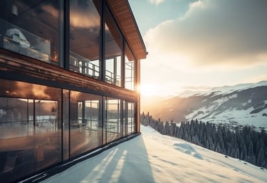 A mountain luxury hotel, a ski hotel against a backdrop of snow-capped mountains