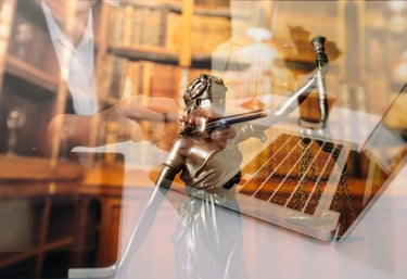 Arbitrator at a desk with Lady Justice overlay.