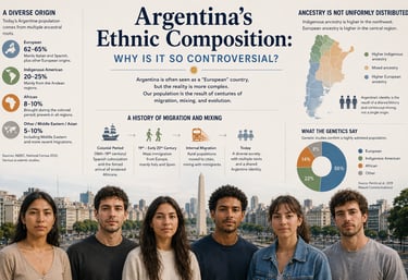 Infographic showing Argentina's ethnic composition, immigration history, regional ancestry patterns,