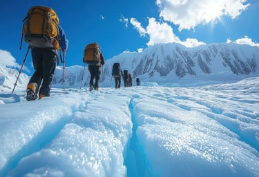 Travelers with backpacks trekking across icy glacier