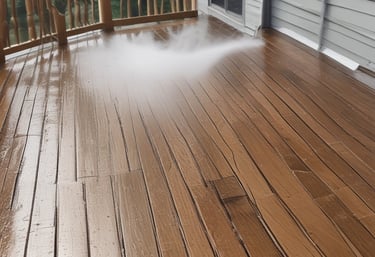 Two workers in protective gear are cleaning the large glass windows of a modern building. They are suspended mid-air by ropes and harnesses, equipped with cleaning tools.