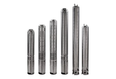 A variety of stainless steel submersible well pumps in different sizes for water systems.