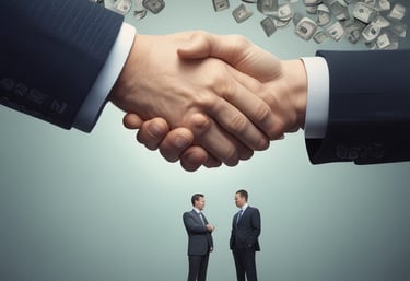 A group of six people, some wearing sports jerseys and hats, are standing in front of an H&R Block storefront. They appear to be happy and possibly celebrating an event together.