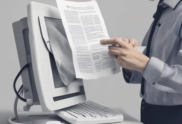 a man pointing at a newsletter that came through the computer