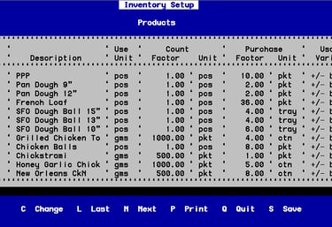 Inventory setup screen showing ingredient categories and stock levels in oneSystem
