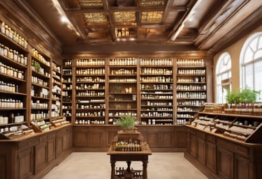 An old pharmacy with wooden display cabinets filled with various bottles and containers. A mannequin wearing a white lab coat stands behind the counter. Several framed photographs and vintage advertisements adorn the walls. The atmosphere invokes a sense of nostalgia and history.