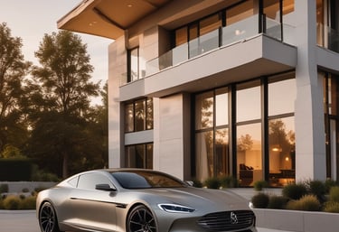 A sleek luxury car parked in front of a modern upscale home during golden hour.