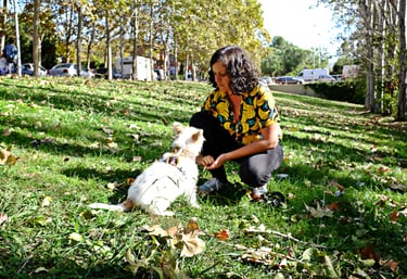 Adiestradora canina trabajando con un perro en un parque de Sant Cugat