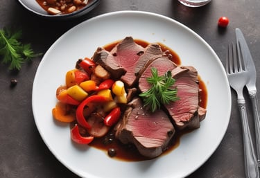 A luxurious black and gold plated dish featuring spiced crab with vibrant garnishes on a dark elegant table.