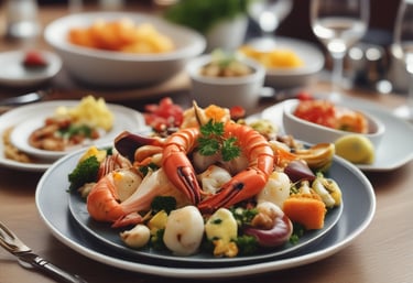 A luxurious black and gold plated dish featuring spiced crab with vibrant garnishes on a dark elegant table.