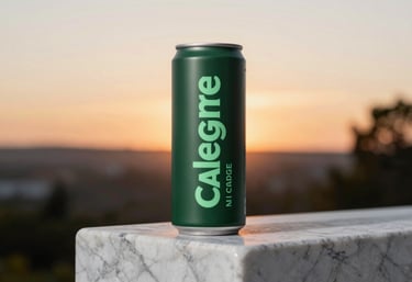 A product shot of the Calegre Nitro Charge can standing on a block of white marble. The can is matte dark forest green with soft mint green lettering. The background is a soft, out-of-focus North American / US sunrise.