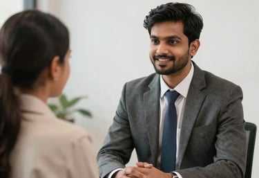 A smiling consultant helping a young professional with visa paperwork in a cozy office.