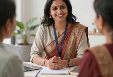 A friendly consultant discussing overseas job options with a smiling client.