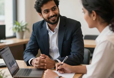 A friendly consultant discussing overseas job indian options with a smiling client in a cozy office.