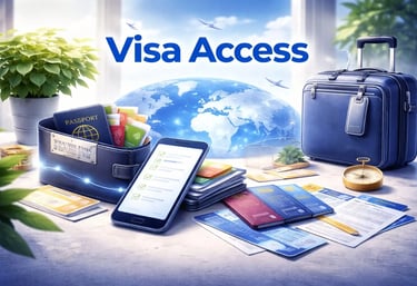 Digital visa access concept with passport, smartphone checklist, travel cards, luggage, and world map for global travel