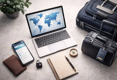Global Travel Tools Setup Laptop with world map, secure luggage, and digital travel tools for planning, document storage