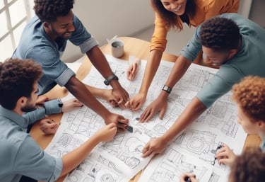 A group of people gathered around a table, where a person in the center seems to be receiving comfort or support. The atmosphere appears intimate and focused, with individuals displaying attentive body language.