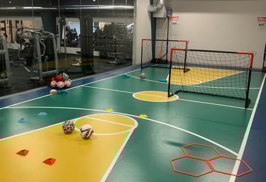Area multisport della palestra Move 2 Grow a Milano con campo colorato, porte da calcio, palloni e attrezzature per allenamen