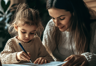 Una niña de unos 4 años escribiendo en un cuaderno con su madre al lado acompañándola.