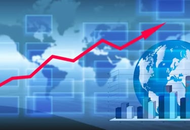 A red upward arrow overlays a world map and bar graphs with a globe in the foreground, indicating global financial growth.