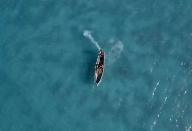 Location: Anse La Raie. Aerial view of a boat gliding across the clear blue waters of Mauritius, with two fishermen onboard