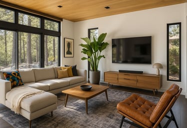 Bright Mid-Century living space with sectional, large windows, and warm wood ceiling