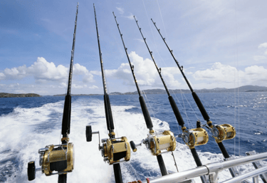 a group of fishing rods on a boat