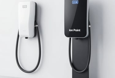 A modern electric vehicle charging station is mounted on a wooden wall. The charger has a sleek design with a matte gray finish and features a green illuminated symbol. The background consists of wood panels with natural grain patterns, suggesting an outdoor installation.