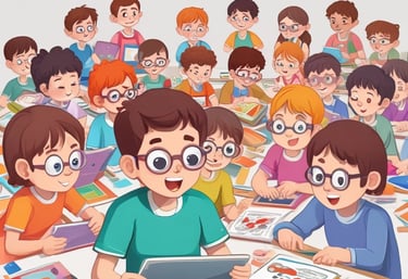 Several children are seated around a table, each using a tablet device with educational content displayed. An adult stands nearby observing the activity. The setting appears to be a classroom or learning environment, with the focus on digital learning.